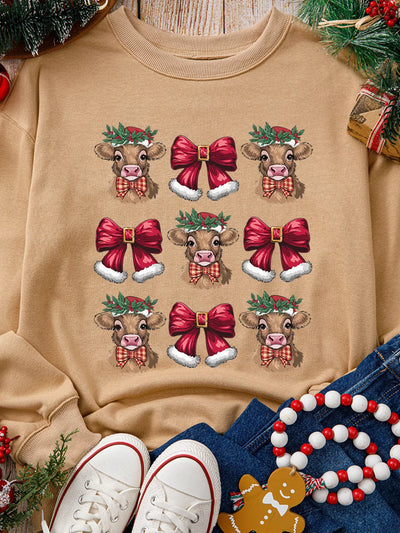 Christmas Heifer Bow Knot Print Casual Sweatshirt
