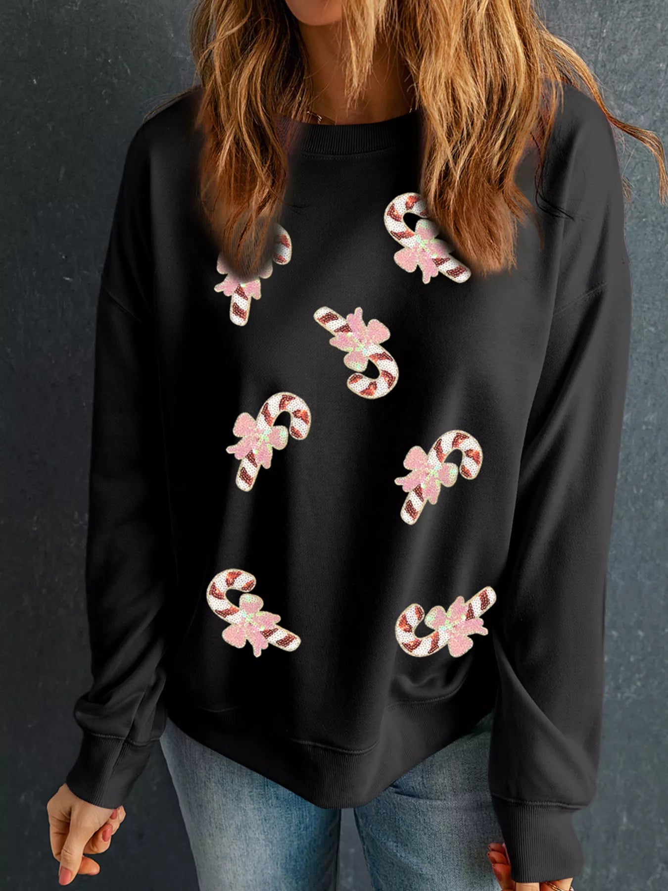 Christmas Candy Cane Sequin Patch Baggy Sweatshirt