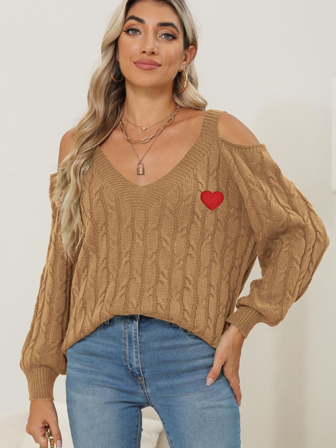 Cozy Cable-Knit Heart V-Neck Sweater with Chic Cutouts