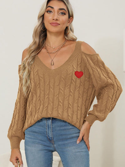 Cozy Cable-Knit Heart V-Neck Sweater with Chic Cutouts