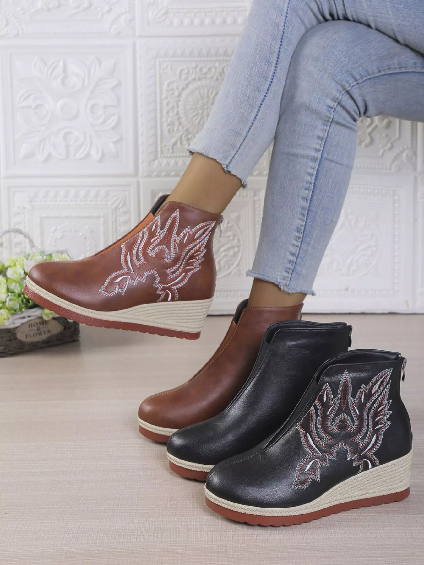 Round Toe Wedge Ankle Boots