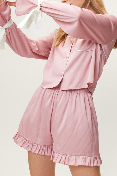 Chic Tied Cuff Collared Lounge Set with Frill Shorts