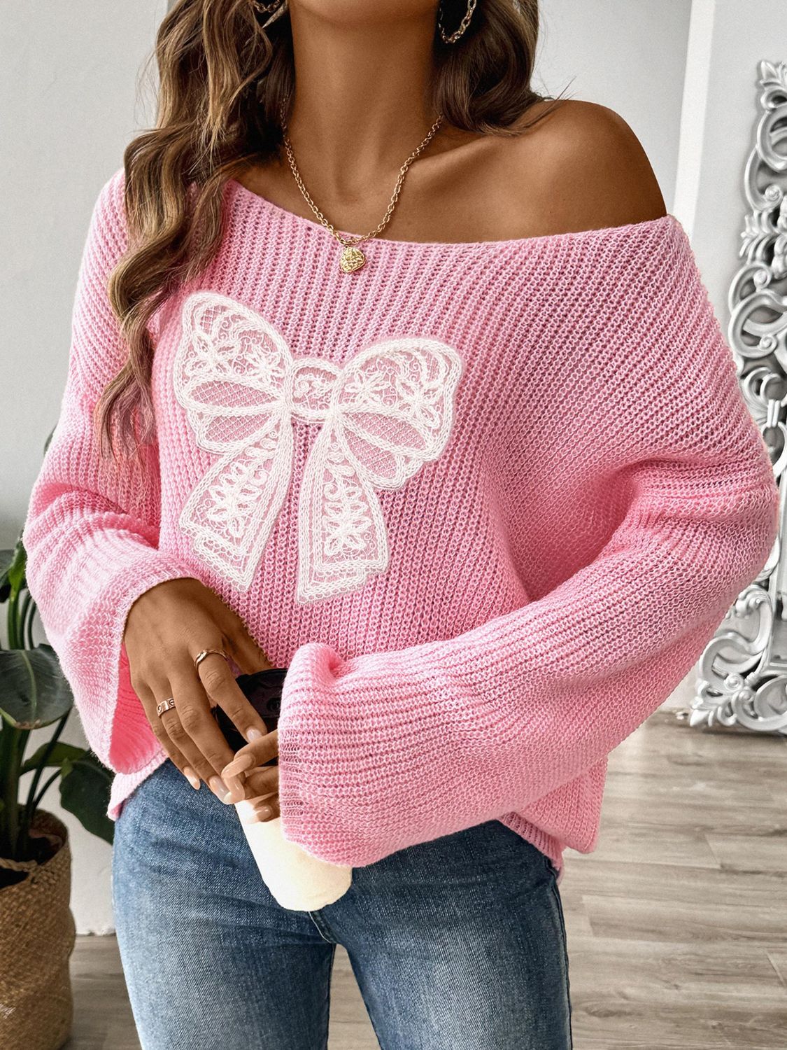 Chic Bow Boat Neck Sweater with Cozy Long Sleeves, Pink