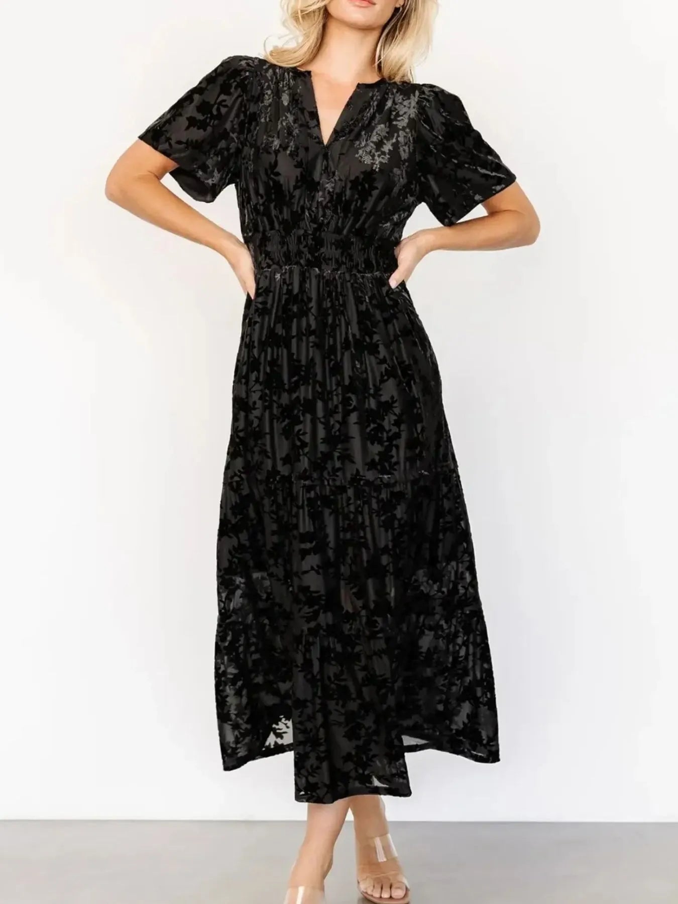 Notched Short Sleeve Tiered Dress