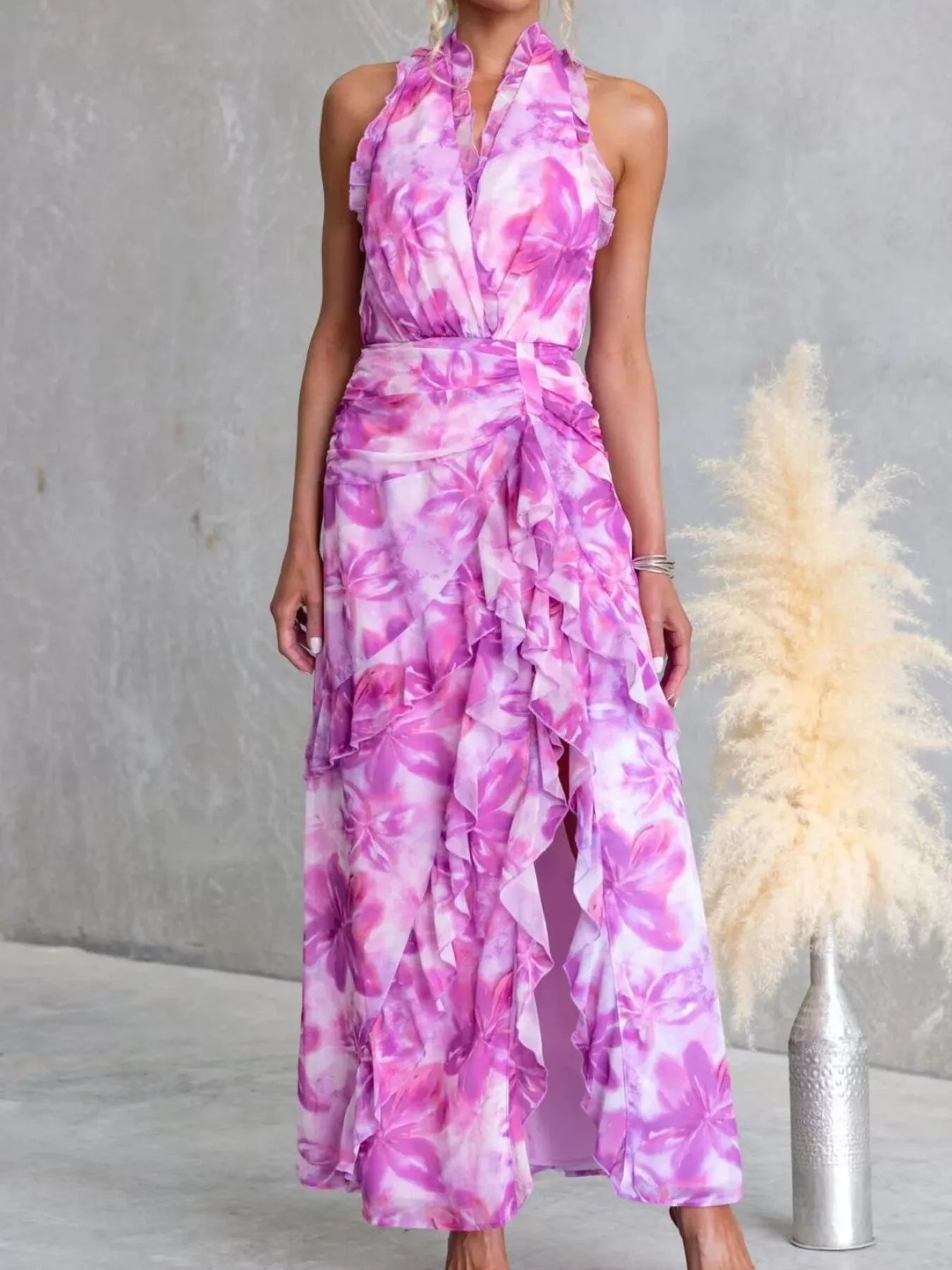 Floral Print Ruffle Halter Neck Maxi Dress