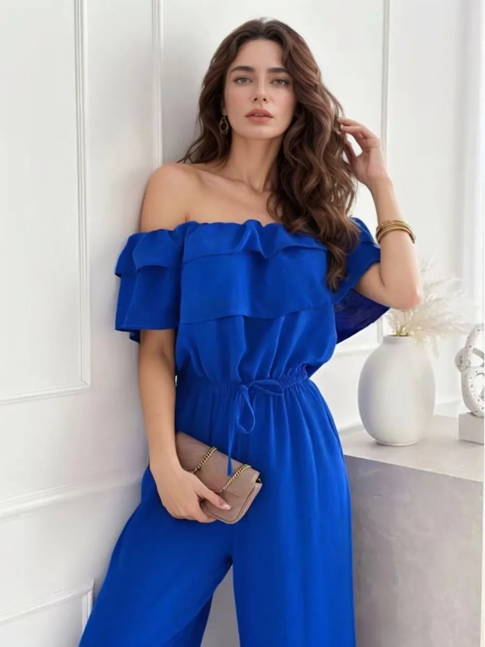 Ruffled Off-Shoulder Wide Leg Jumpsuit