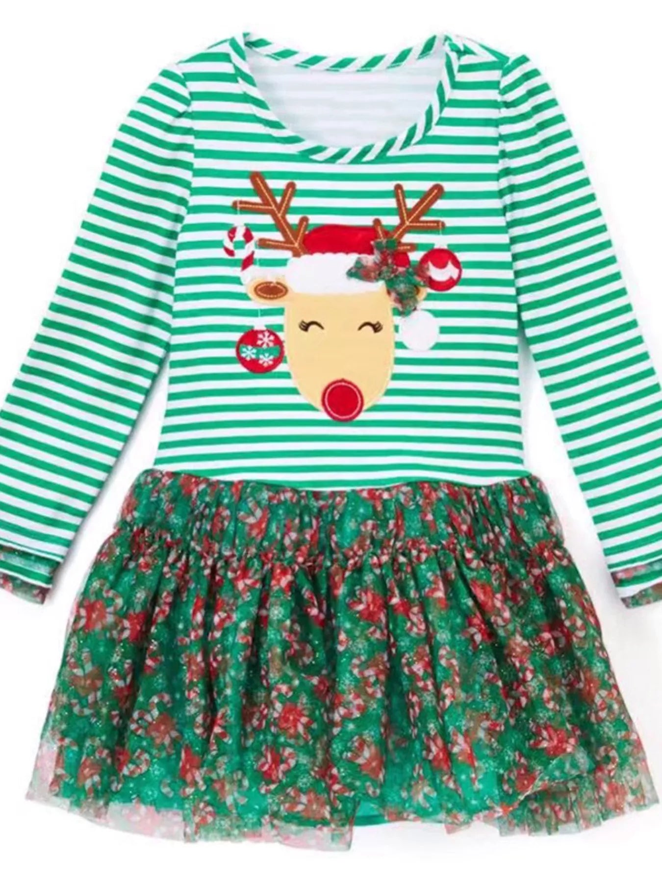 Children's Christmas Reindeer Applique Striped Long Sleeve Dress