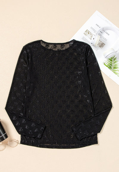 Chic Bow Round Neck Top with Sheer Mesh and Long Sleeves