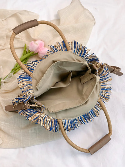 Round Woven Straw Tassel Handbag