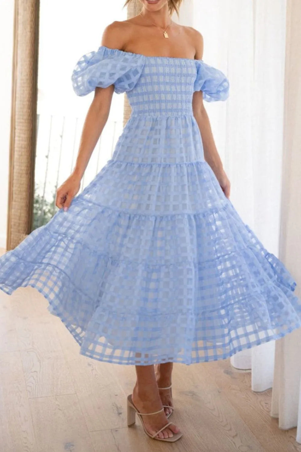 Off Shoulder Short Puff Sleeve Midi Dress