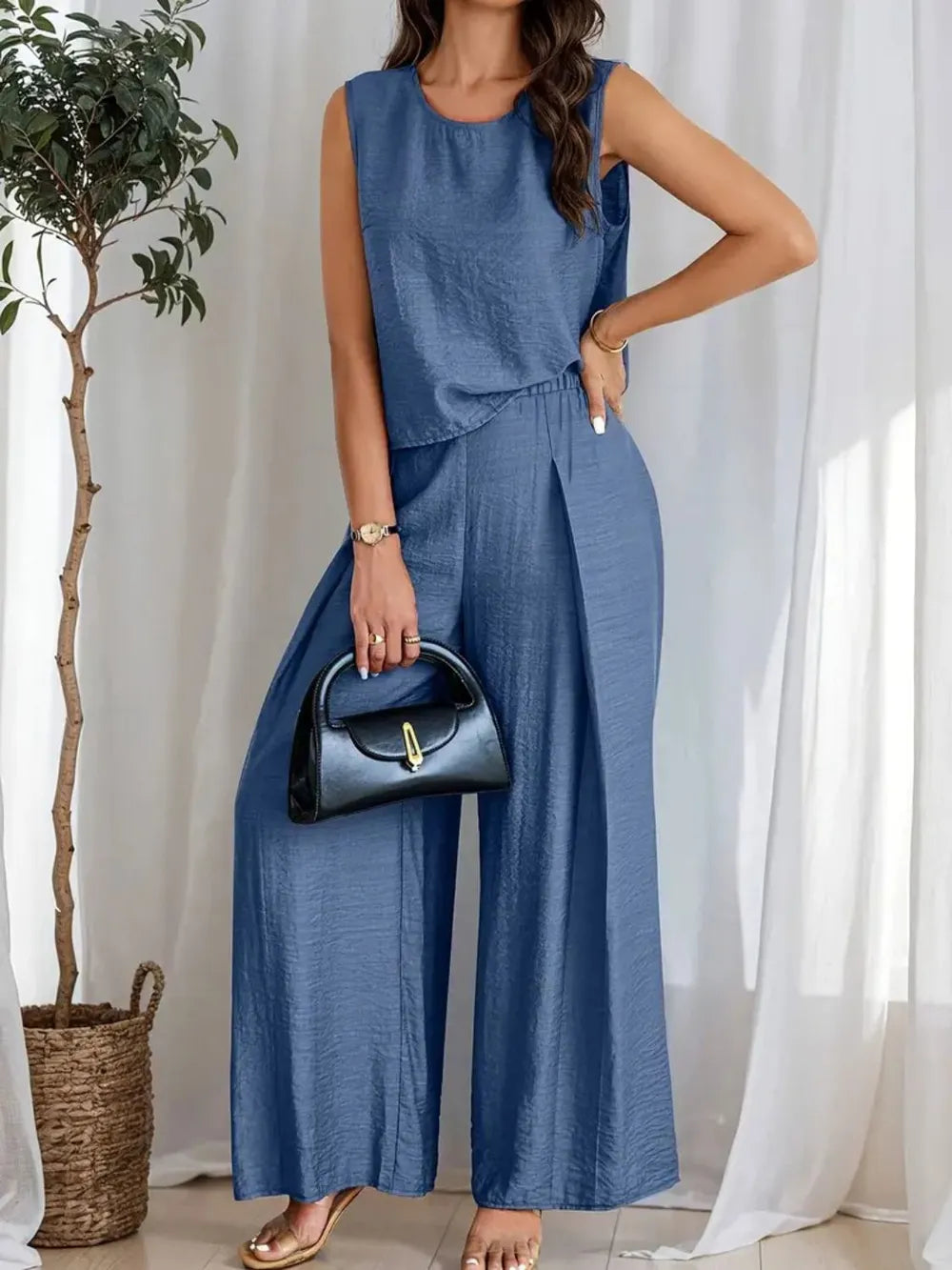 Round Neck Sleeveless Top and Wide Leg Pants Set