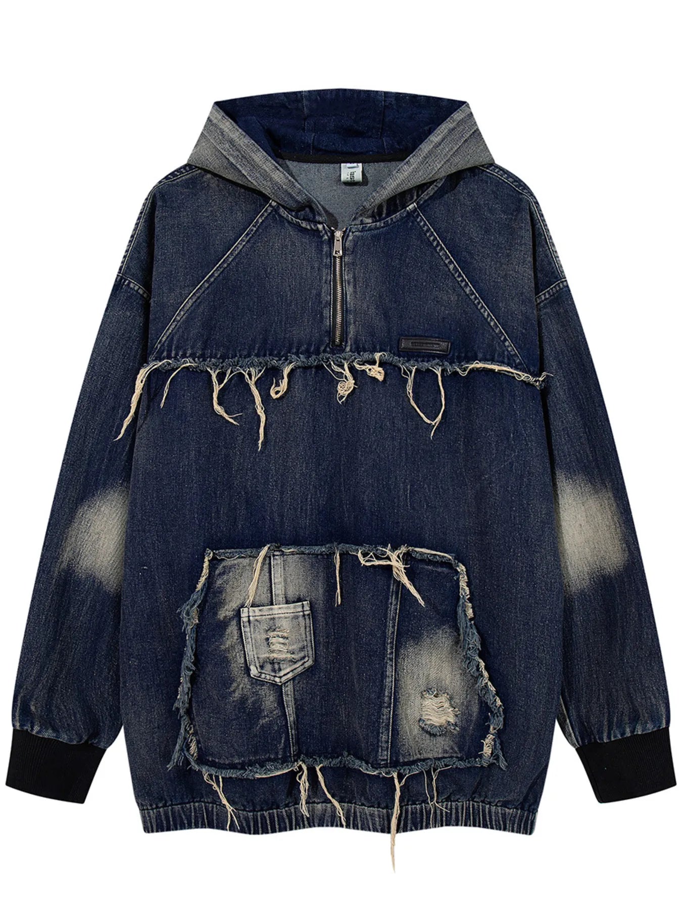 Men's Distressed Denim Patchwork Oversized Hoodie with Frayed Details