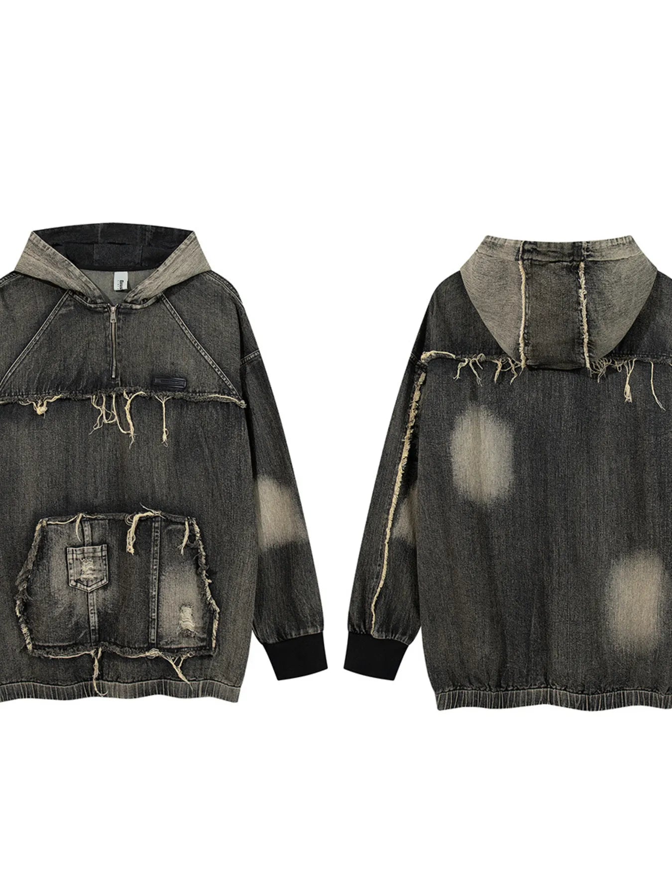 Men's Distressed Denim Patchwork Oversized Hoodie with Frayed Details