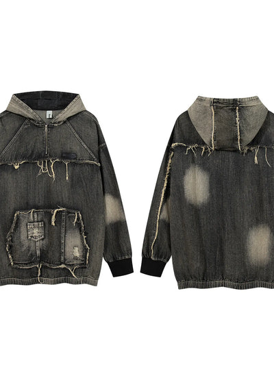 Men's Distressed Denim Patchwork Oversized Hoodie with Frayed Details