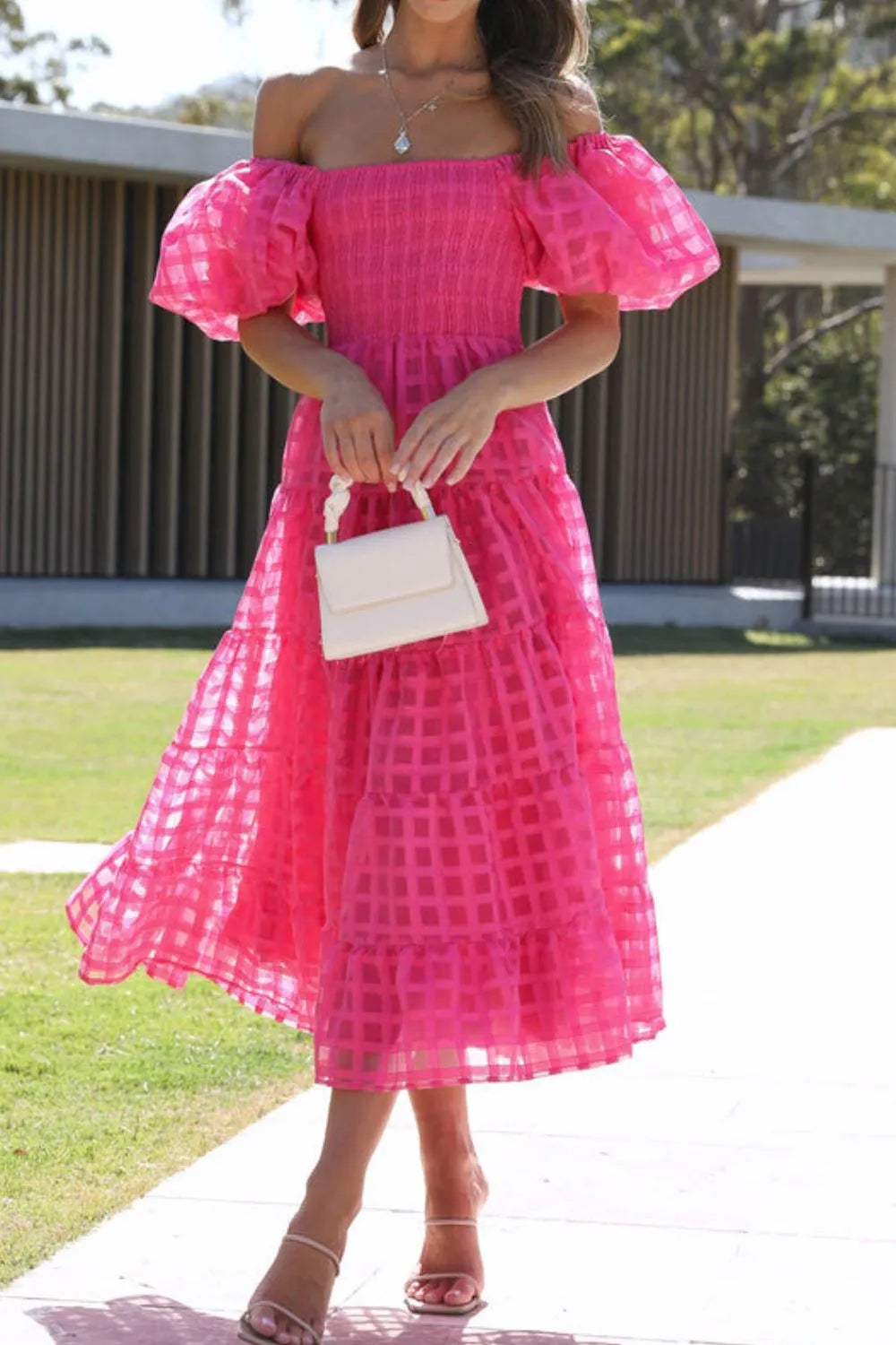 Off Shoulder Short Puff Sleeve Midi Dress