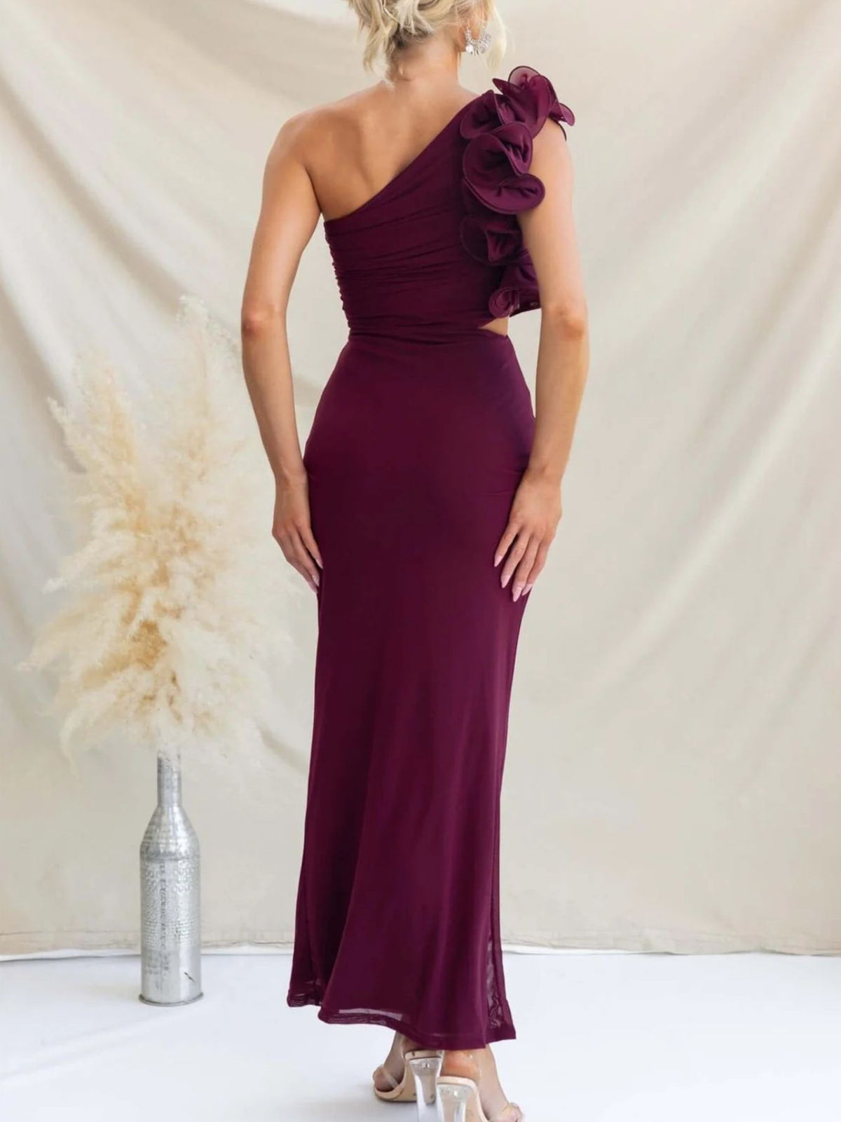 One-Shoulder Floral Trim Sleeveless Maxi Dress