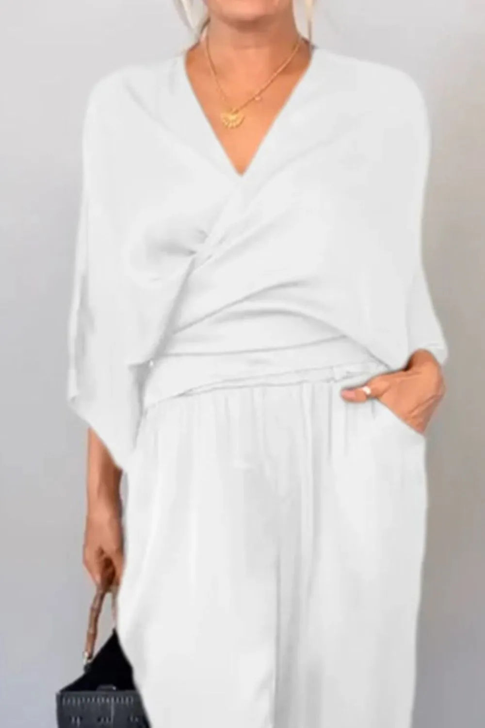 Full Size Wrap Surplice Top and Pants Set Plus Size
