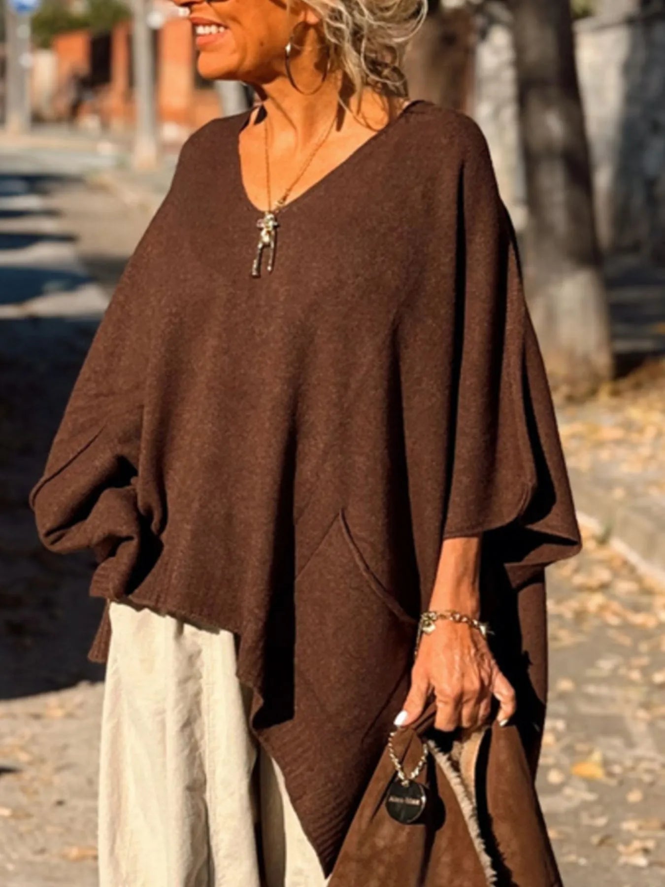 Ribbed Hem V-Neck Sweater