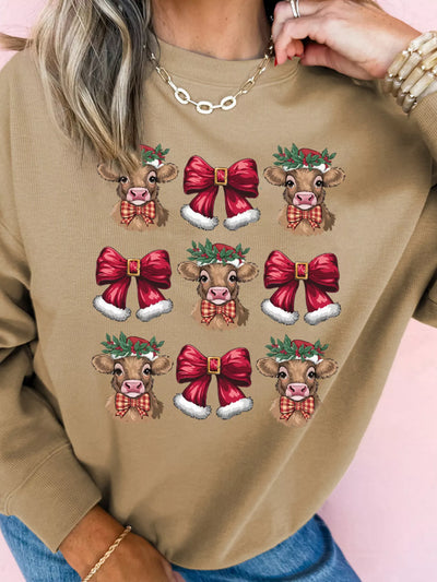 Christmas Heifer Bow Knot Print Casual Sweatshirt