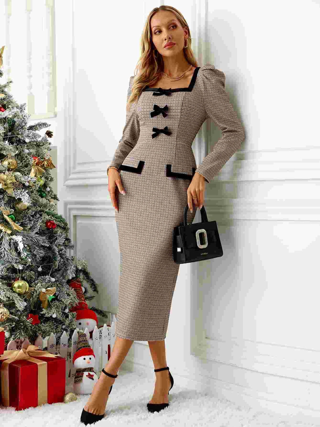 Chic Bow Plaid Puff Sleeve Dress with Square Neck Elegance