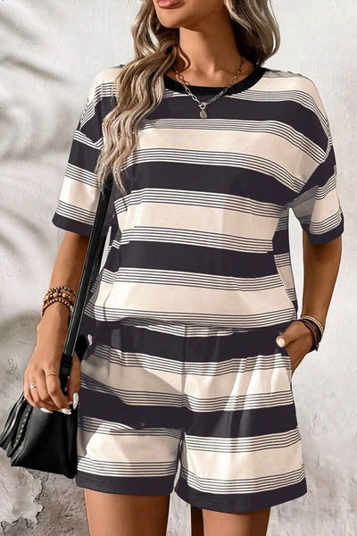 Stripe Half Sleeve T-Shirt and High Waist Pocketed Shorts Set