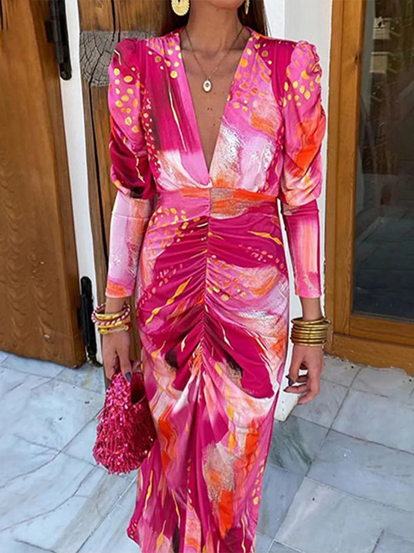 Ruched Front V-Neck Long Sleeve Maxi Dress