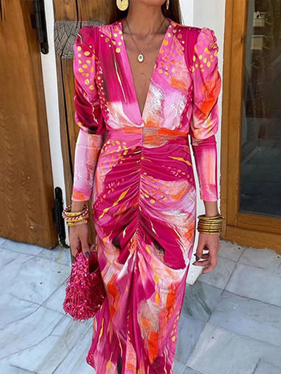 Ruched Front V-Neck Long Sleeve Maxi Dress