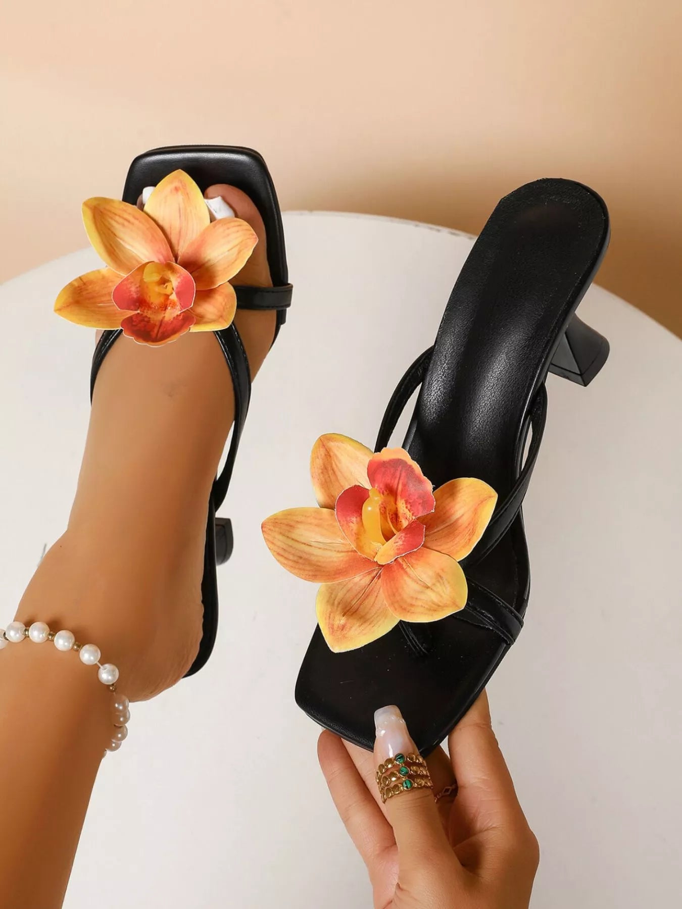 Flower Open Toe Flare Heels Sandals