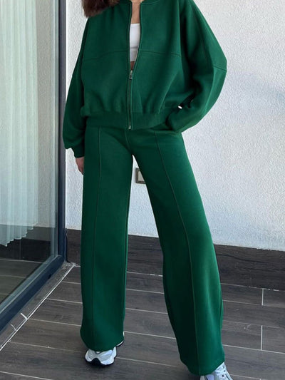 Casual Baseball Collar Zip Top & Drawstring Pants Set