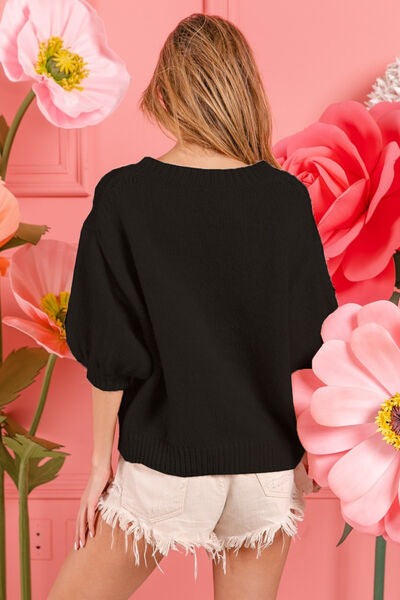 Cozy BiBi Metallic Letter Puff Sleeve Hairy Sweater