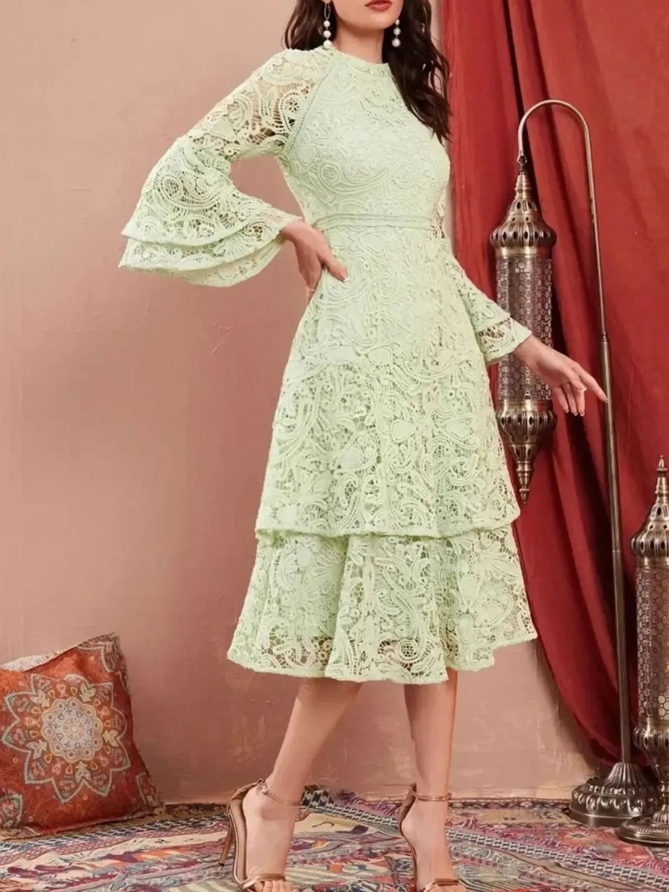 Lace Layered Flare Sleeve Dress