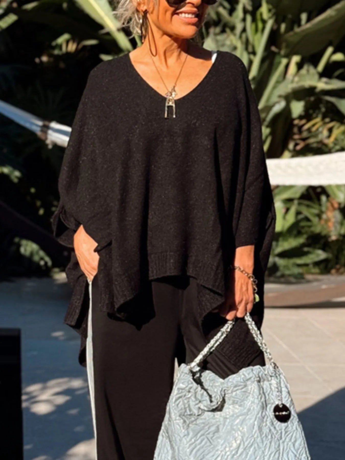 Ribbed Hem V-Neck Sweater