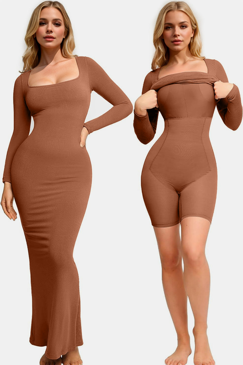 Flattering Shapewear Maxi Dress with Square Neck & Long Sleeves