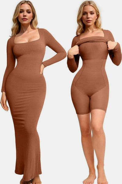 Flattering Shapewear Maxi Dress with Square Neck & Long Sleeves