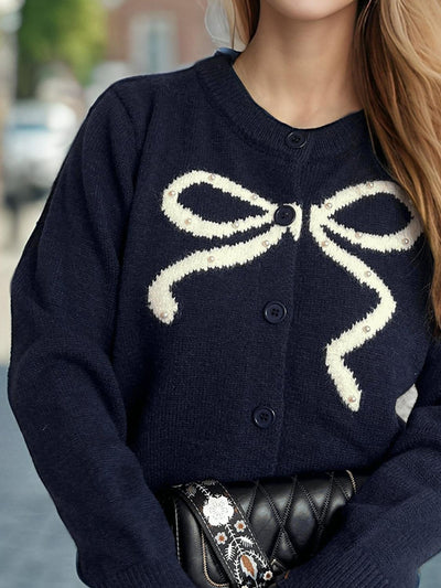 Chic Bow Button Cardigan with Stylish Round Neck Design