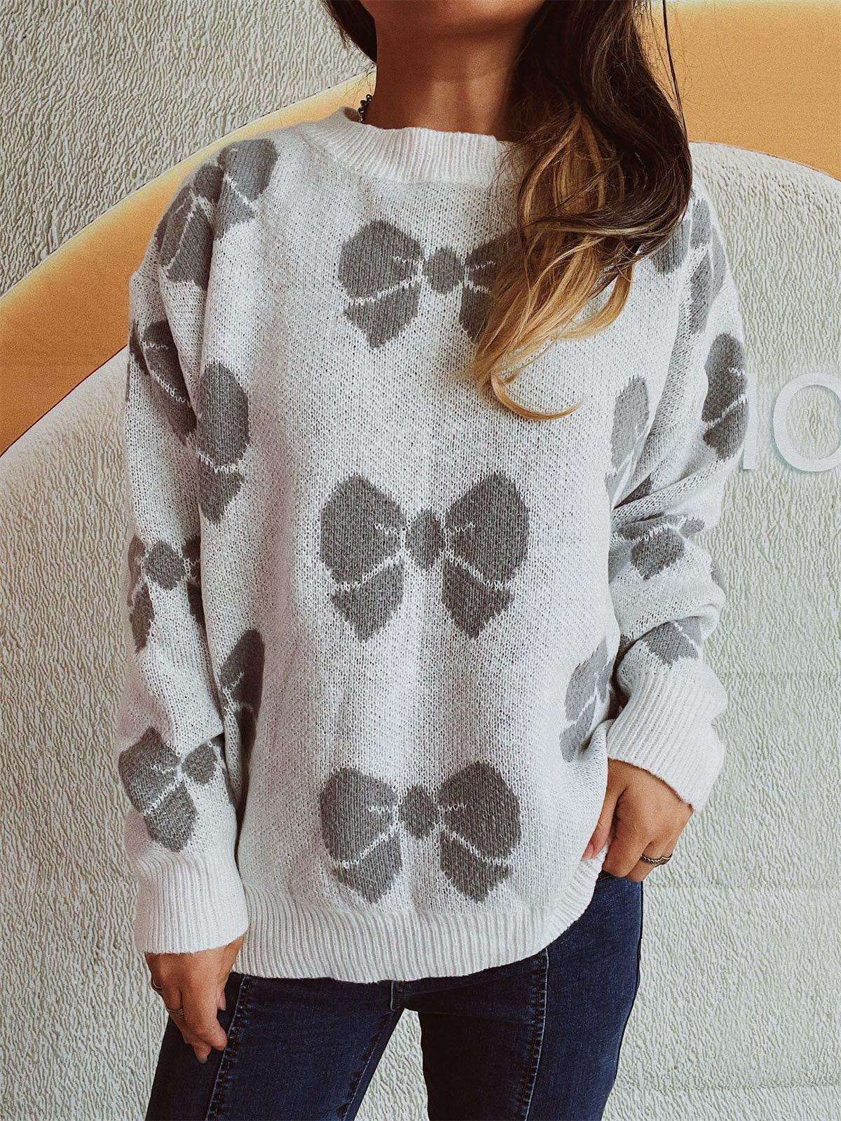 Women's Casual Bow Round Neck Sweater with Dropped Shoulder