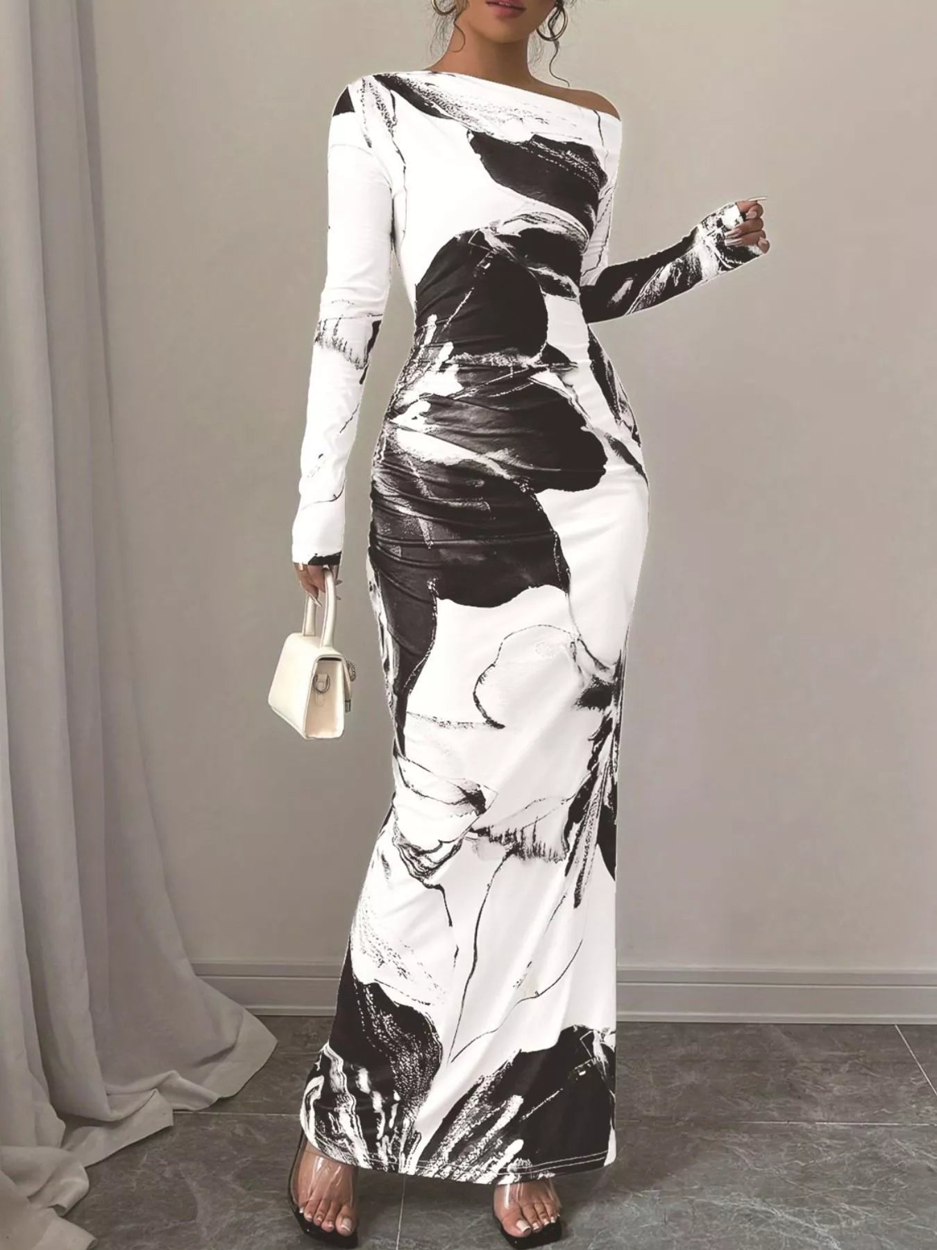 Floral One Shoulder Long Sleeve Maxi Dress