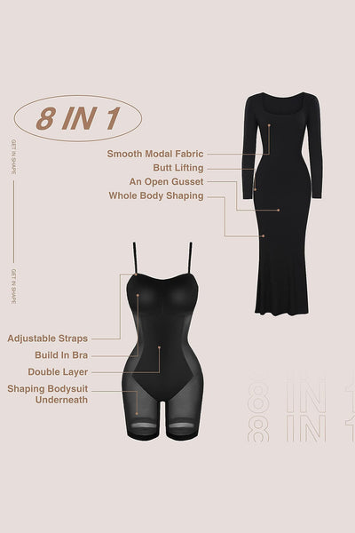 Flattering Shapewear Maxi Dress with Square Neck & Long Sleeves