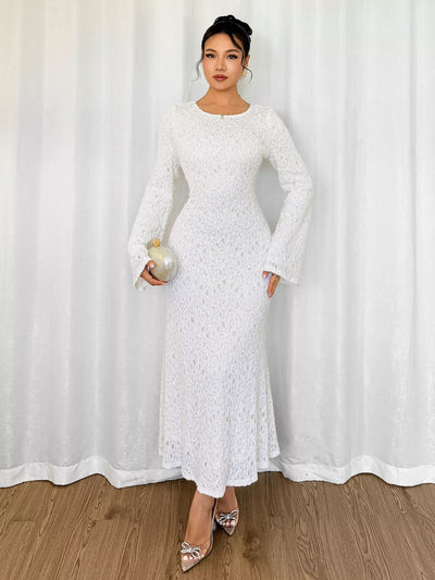 Lace Round Neck Flare Sleeve Dress