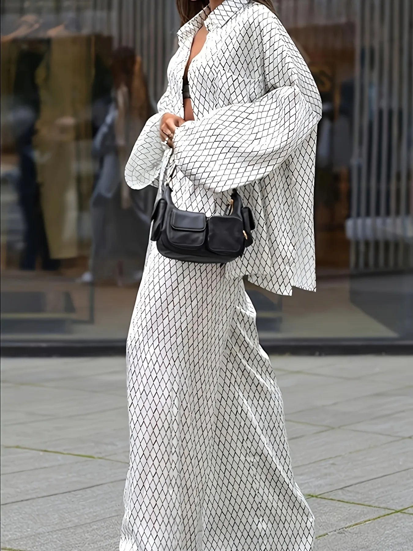 Diamond Pattern Long Sleeve Top and Pants Two-Piece Set