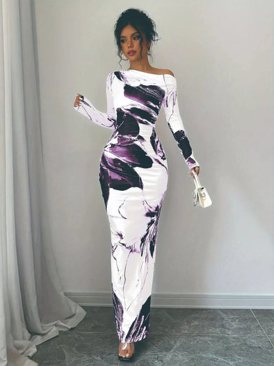 Floral One Shoulder Long Sleeve Maxi Dress