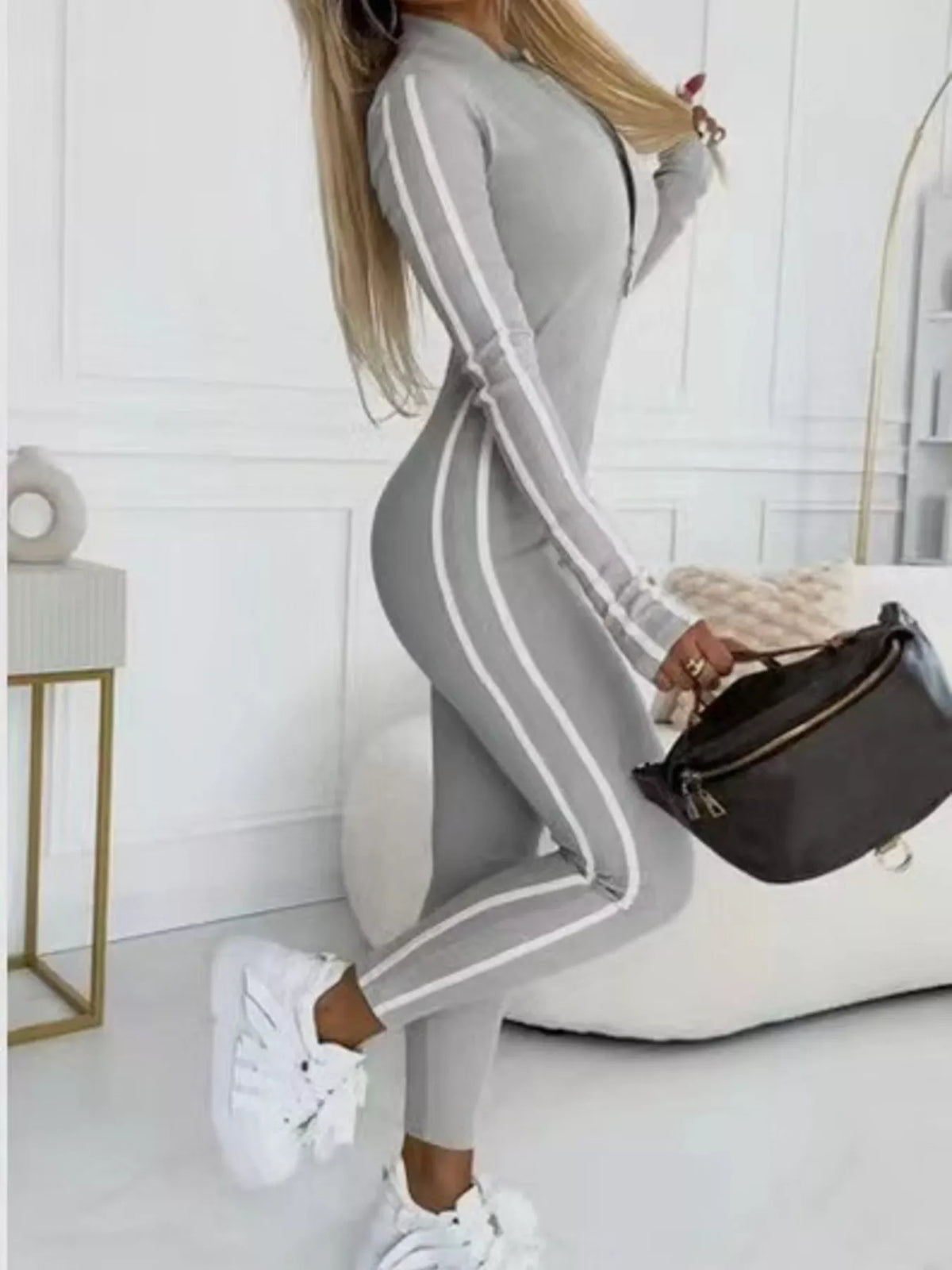 Full Size Stripe Zip-Front Long Sleeve Jumpsuit Plus Size