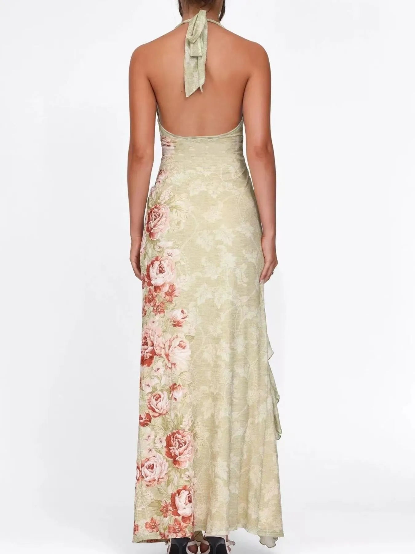 Floral Print Halter Neck Ruched Maxi Dress