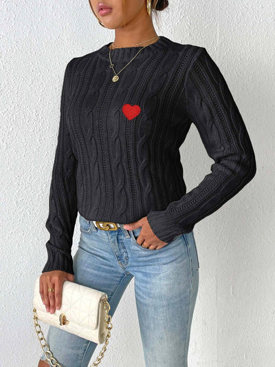 Cozy Cable-Knit Heart Sweater in Soft Pink with Long Sleeves