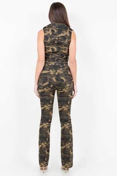 Stylish V-Cut Ruched Camo Flare Pants with Trendy Design