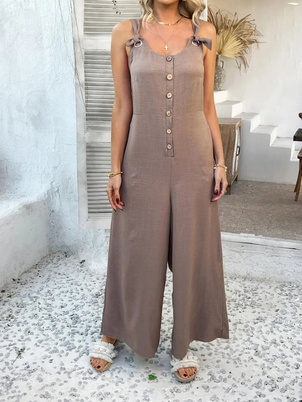 Devine Button Front Knotted Strap Wide Leg Jumpsuit