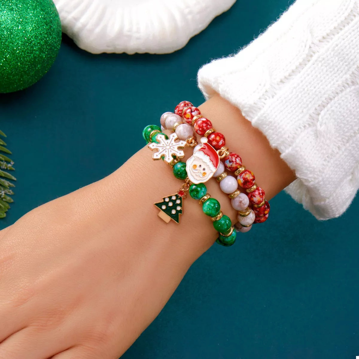 3 Piece Christmas Charm Beaded Bracelet