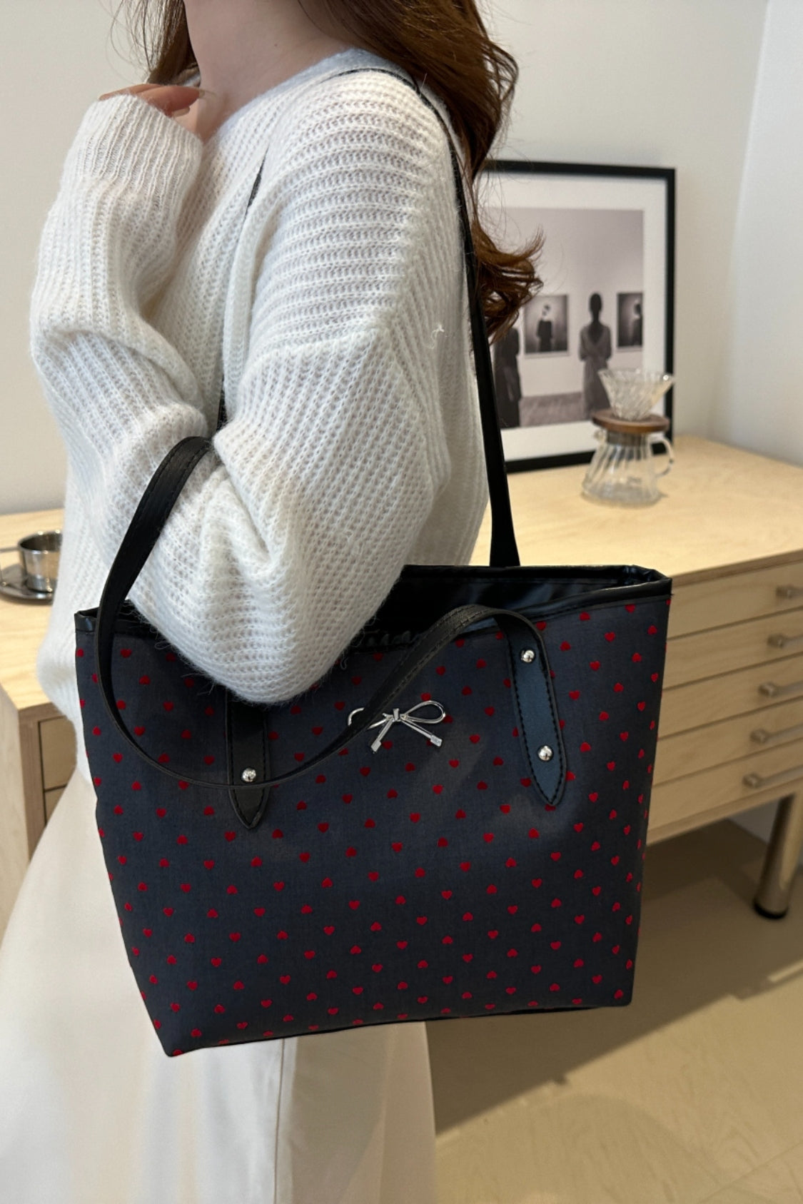 Stylish Bow Trim Polyester Tote Bag for Everyday Use