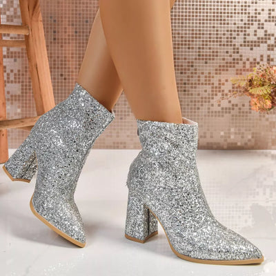 Sequin Point Toe Block Heels Boots