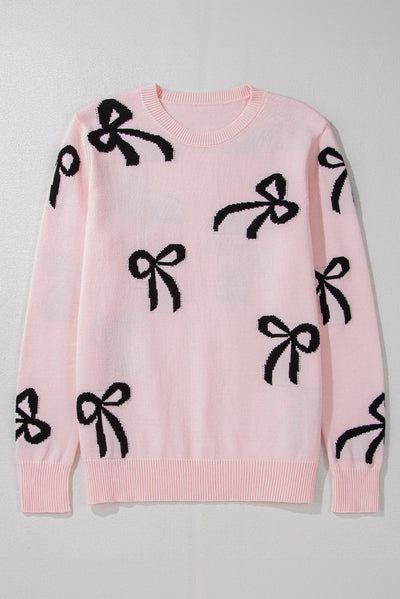 Chic Bow Design Loose Fit Sweater in Soft Pink Hue